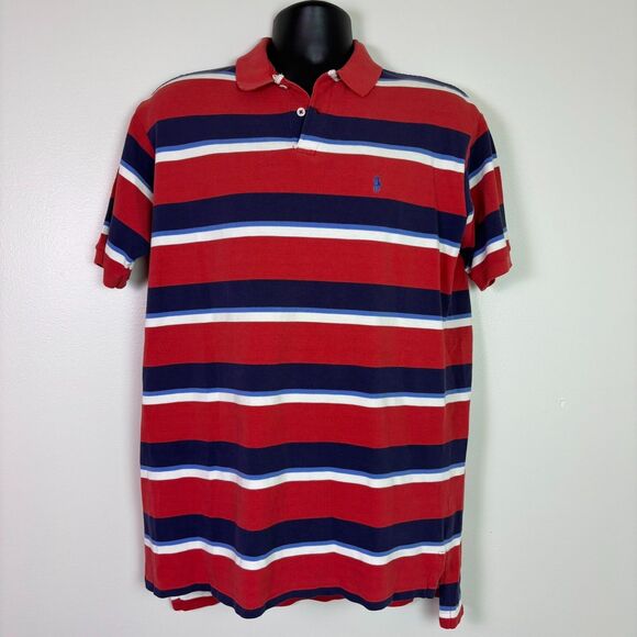 Vintage Polo Ralph Lauren Men's L Red Navy Stripe Preppy Polo Shirt Made in USA - Picture 2 of 10